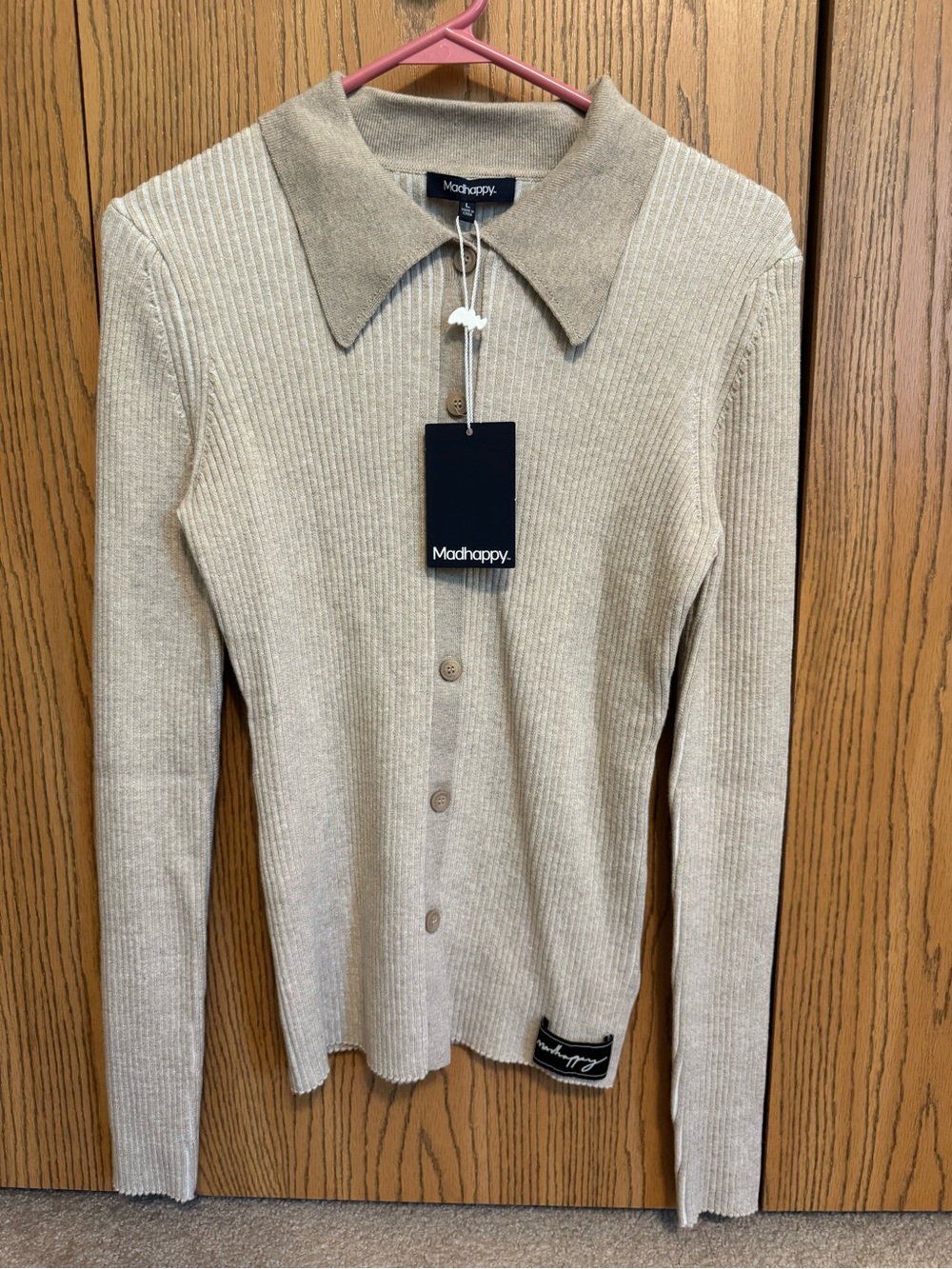 Madhappy Oatmeal Ribbed Knit Collared Long Sleeve Cardigan Sweater